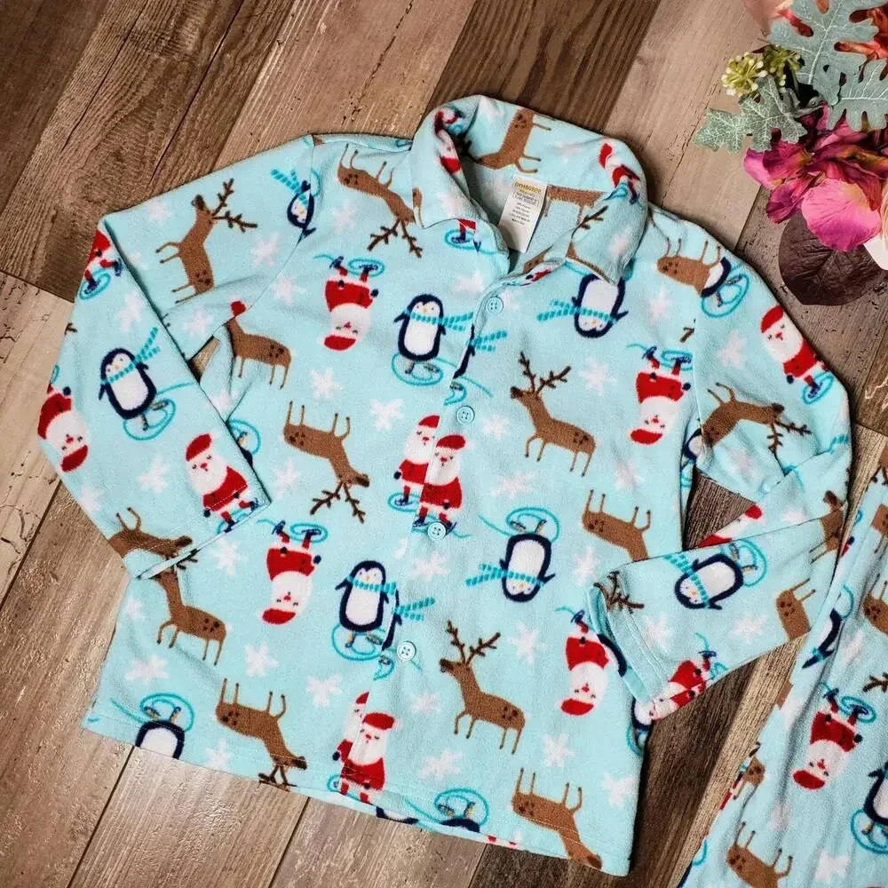 Gymboree Blue Winter Christmas Santa Penguin Reindeer Size 5/6 Fleece PJ Set